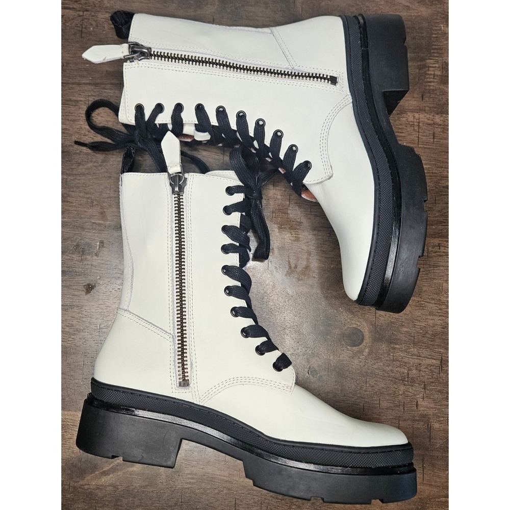 Frye Chloe‎ White Combat Boots Lug Lace up zip Biker Leather size 8 - Picture 4 of 10